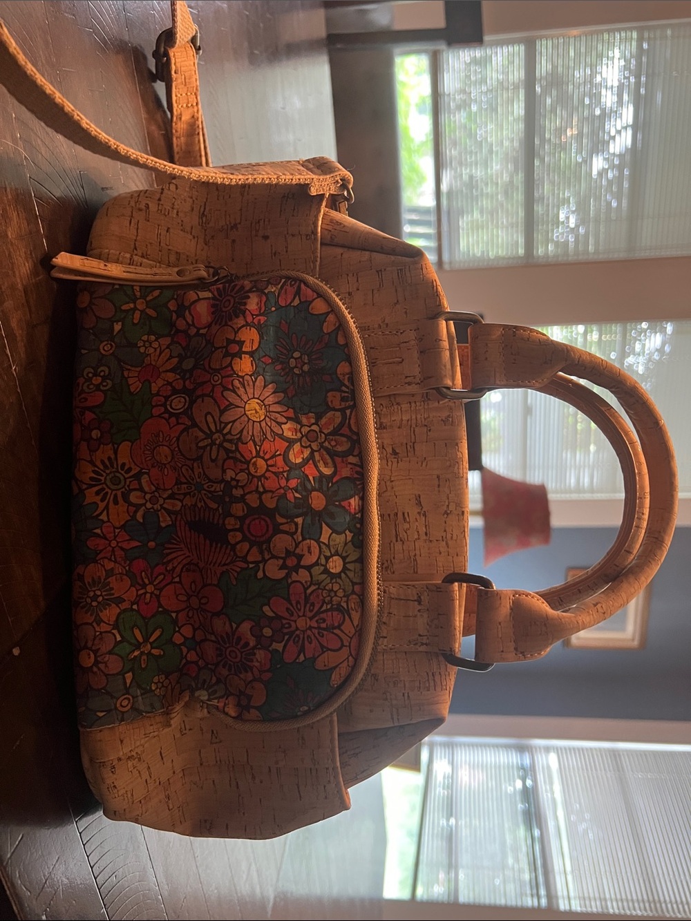 Beige Cork Satchel with Multicolor Floral Front Pocket